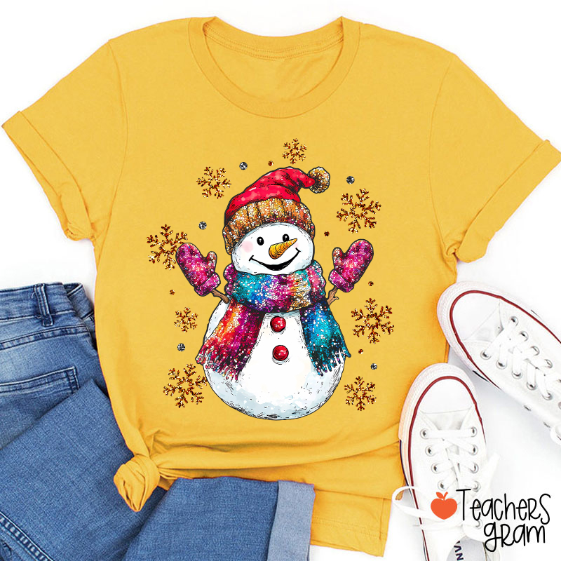 Colorful Scarves Snowman Teacher T-Shirt