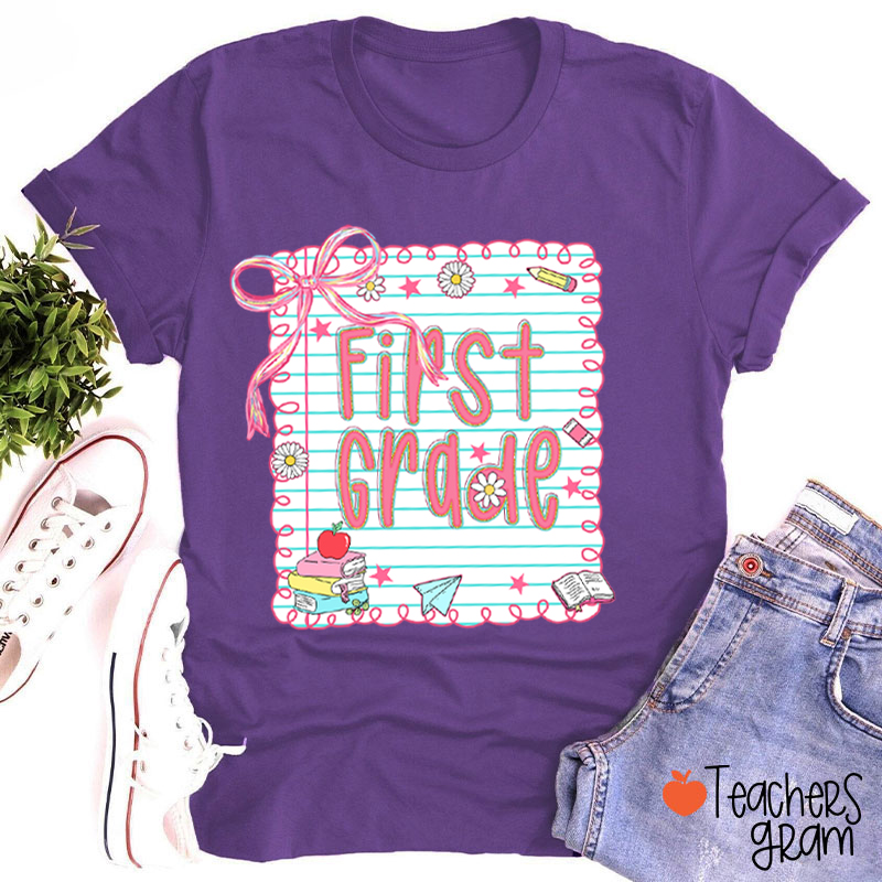 Personalized Grade Pink Bow Notebook Teacher T-Shirt