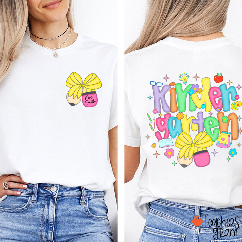 Personalized Name And Grade Pencil Bow Candy Color Fonts Teacher Two Sided T-Shirt