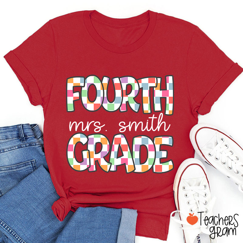 Personalized Name And Grade Checkered Fonts Teacher T-Shirt