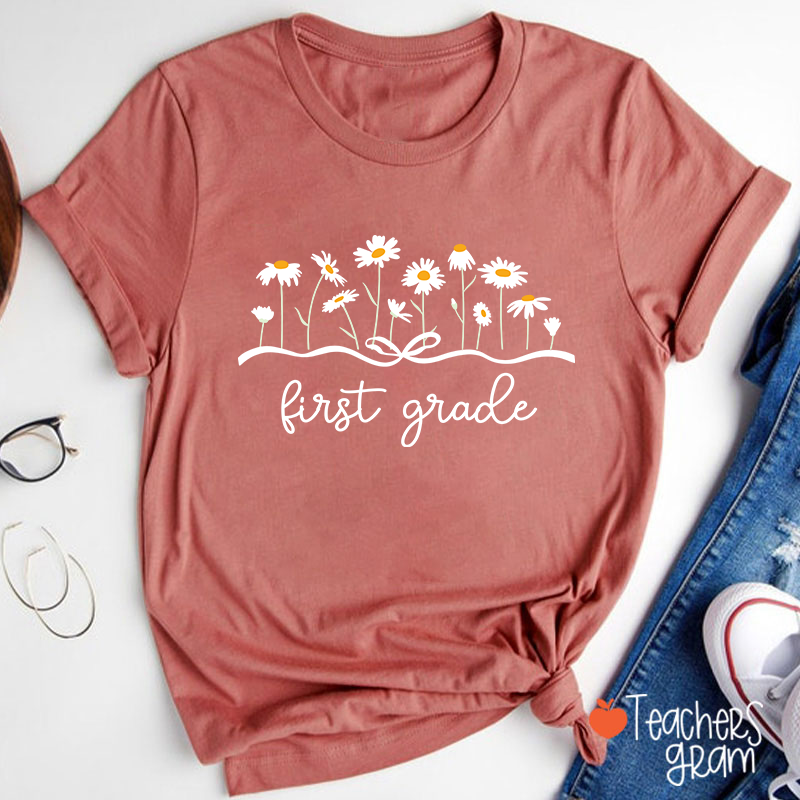 Personalized Grade Daisy Bow Teacher T-Shirt