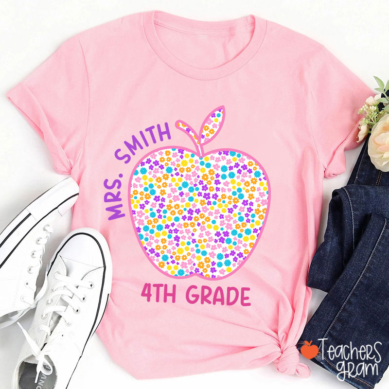 Personalized Grade And Name Blue And White Porcelain Apple Teacher T-Shirt