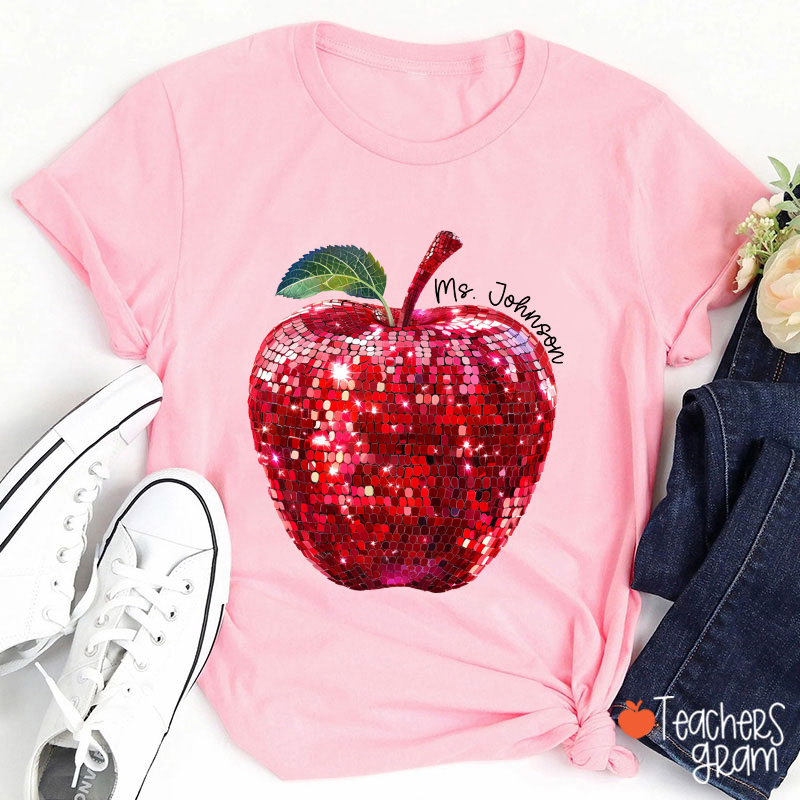 Personalized Red Glitter Apple And Name Teacher T-Shirt