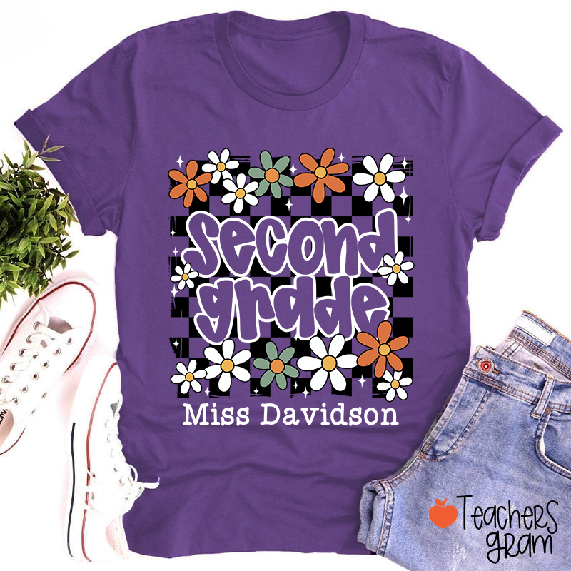 Personalized Text And Name Checkered Flowers Teacher T-Shirt