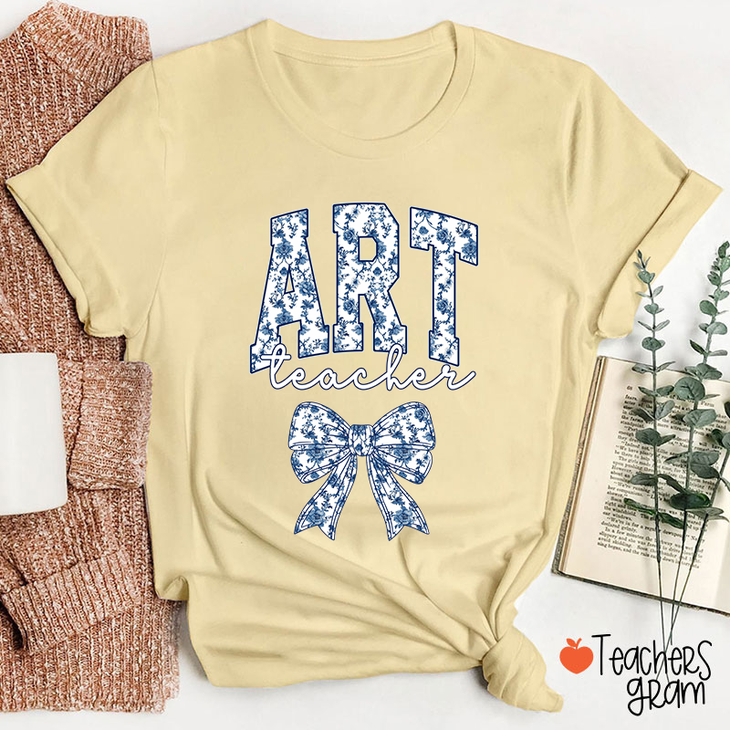 Personalized Text Blue And White Porcelain Bow Teacher T-Shirt