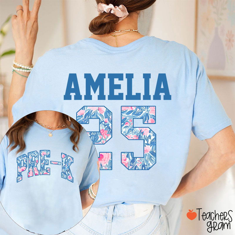 Personalized Flower And Leaf Pattern Text And Numbers Teacher Two Sided T-Shirt