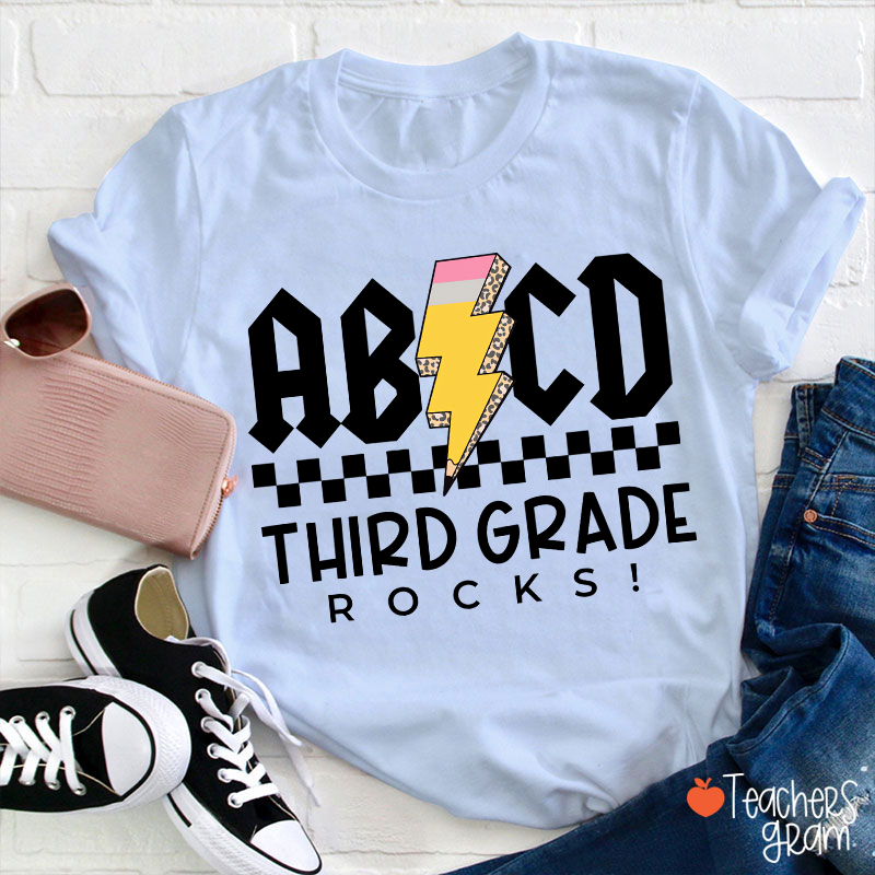 Personalized Grade Lightning Pencil Checkerboard Teacher T-Shirt