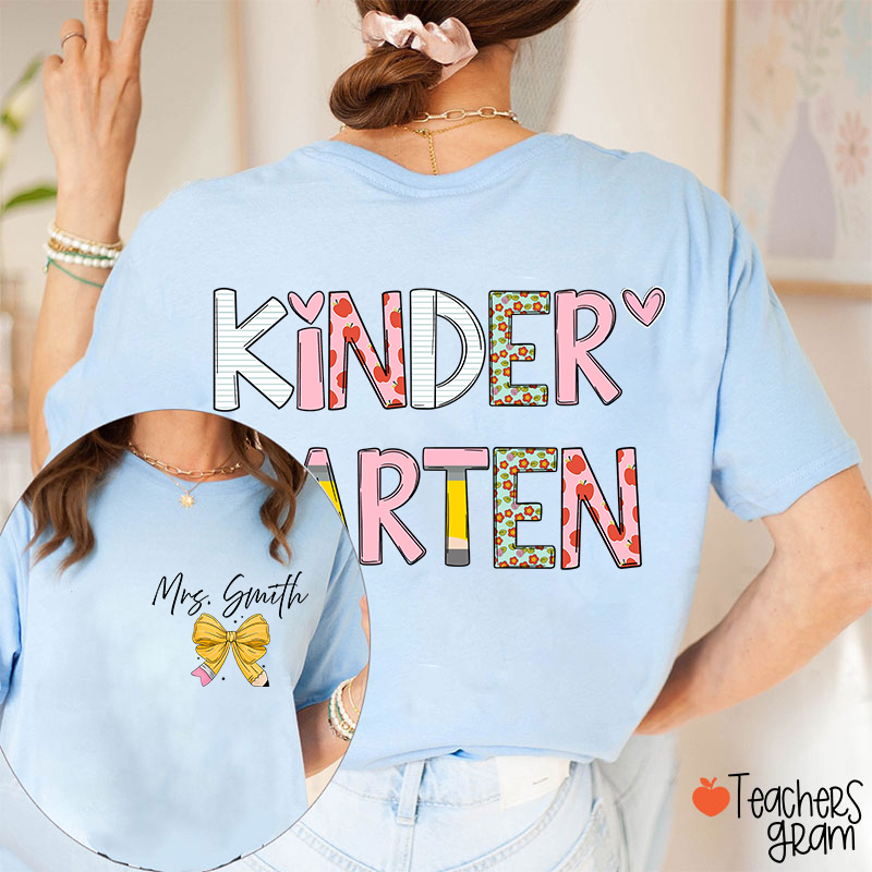 Personalized Grade Stationery  Heart Apple Pencil Teacher Two Sided T-Shirt