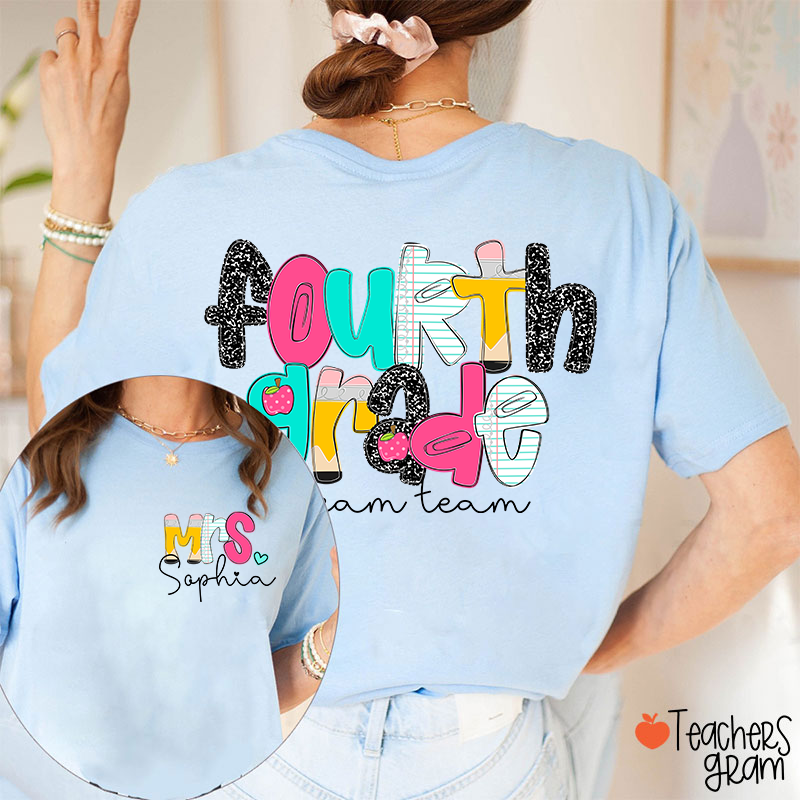 Personalized Grade And Name Pencil Notebook Teacher Two Sided T-Shirt