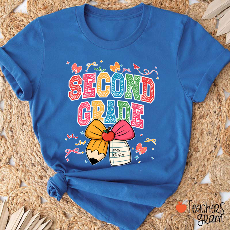 Personalized Grade Name Bow Hand-Drawn Pencil Apple Teacher T-Shirt