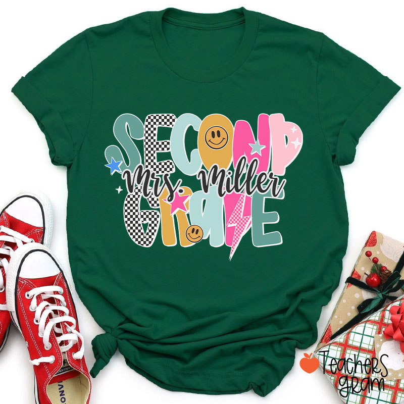Personalized Grade Checkered Smiley Lightning Teacher T-Shirt