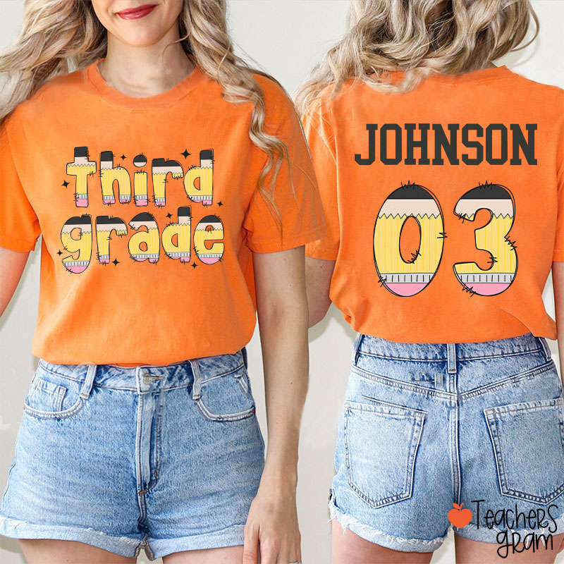 Personalized Pencil Pattern Letters And Numbers Teacher Two Sided T-Shirt