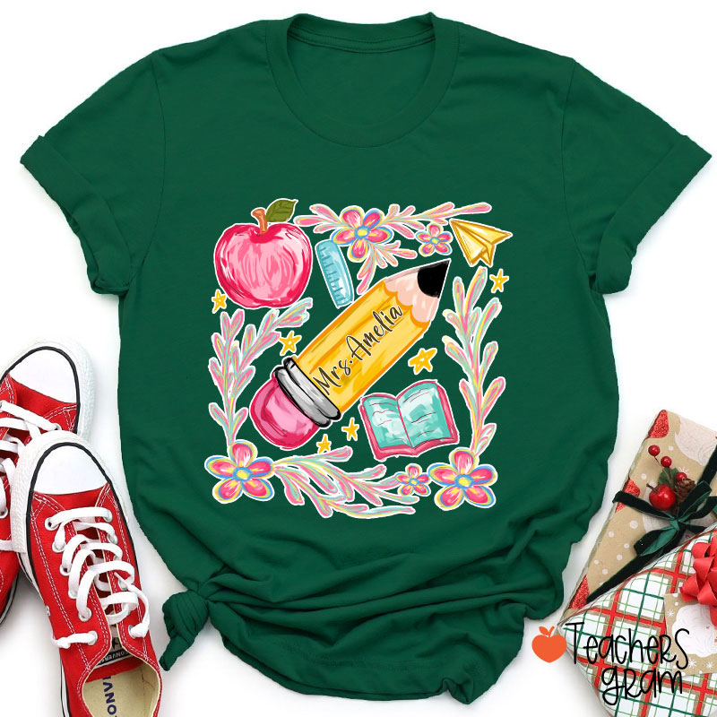 Flowers Pencil Apple Book Star Teacher T-Shirt