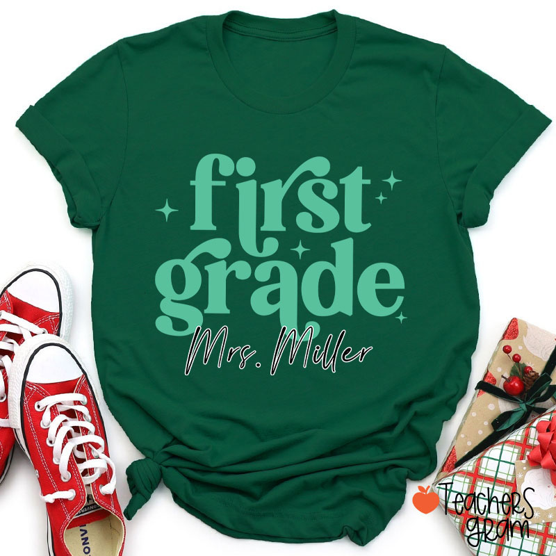 Personalized Grade Name Monochrome Stars Teacher T-Shirt