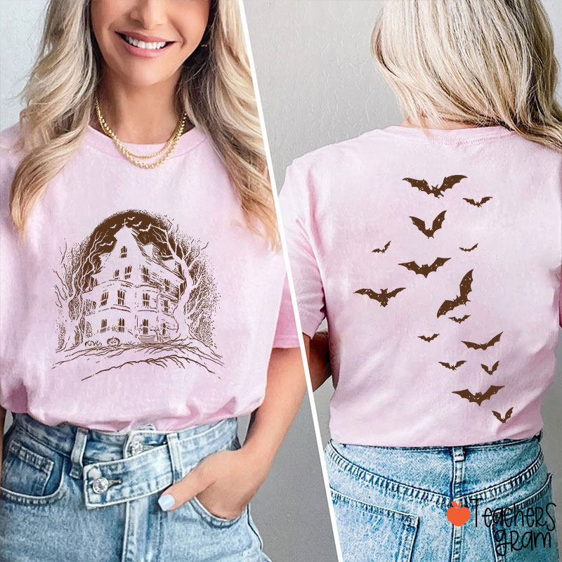 Vintage Haunted House Spooky Season Teacher Two Sided T-Shirt