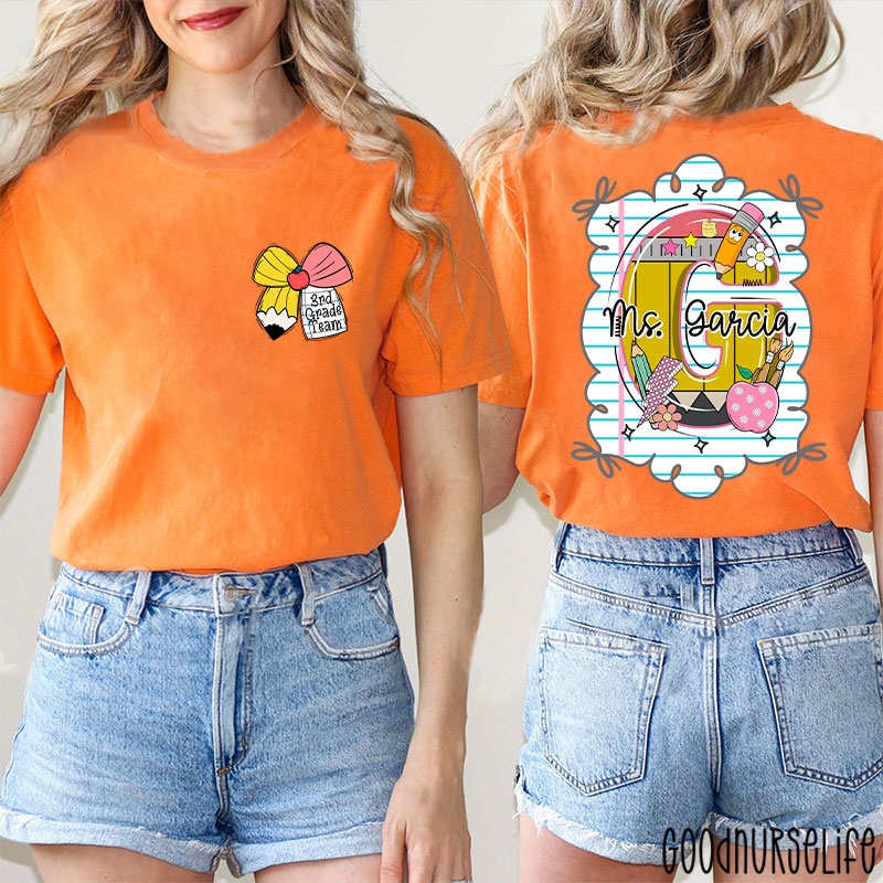 Personalized Grade And Name Pencil Bow Initials Teacher Two Sided T-Shirt