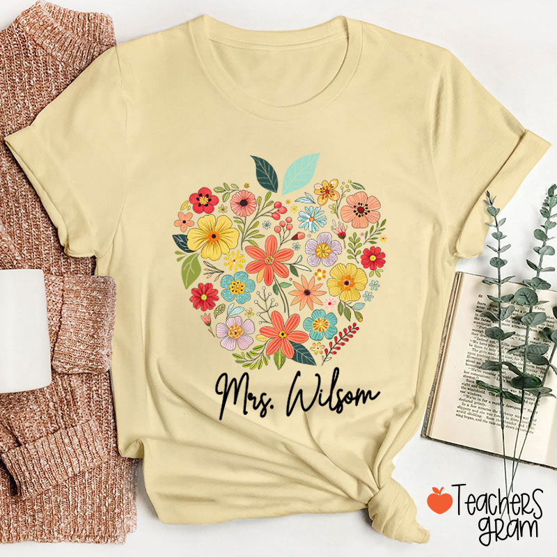 Personalized Floral Apple Name Teacher T-Shirt