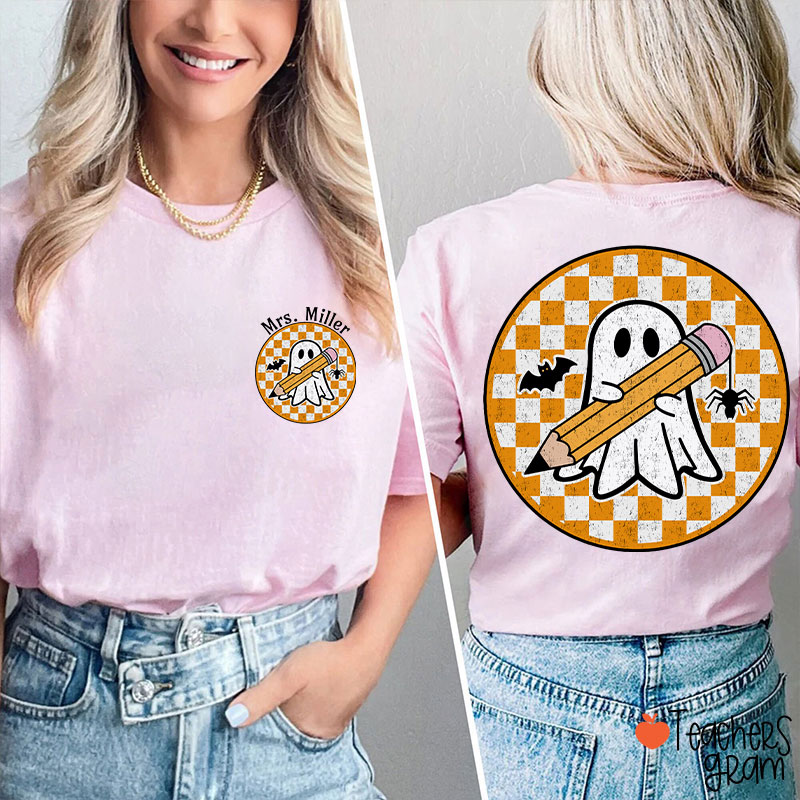 Personalized Name Circle Checkered Ghost Teacher Two Sided T-Shirt