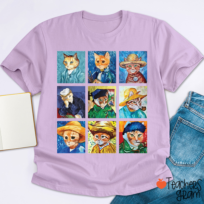 Funny Cats Painting Van Gogh Art Lover Teacher T-Shirt