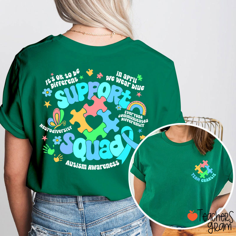 Personalized Name Autism Awareness Support Squad Teacher Two Sided T-Shirt