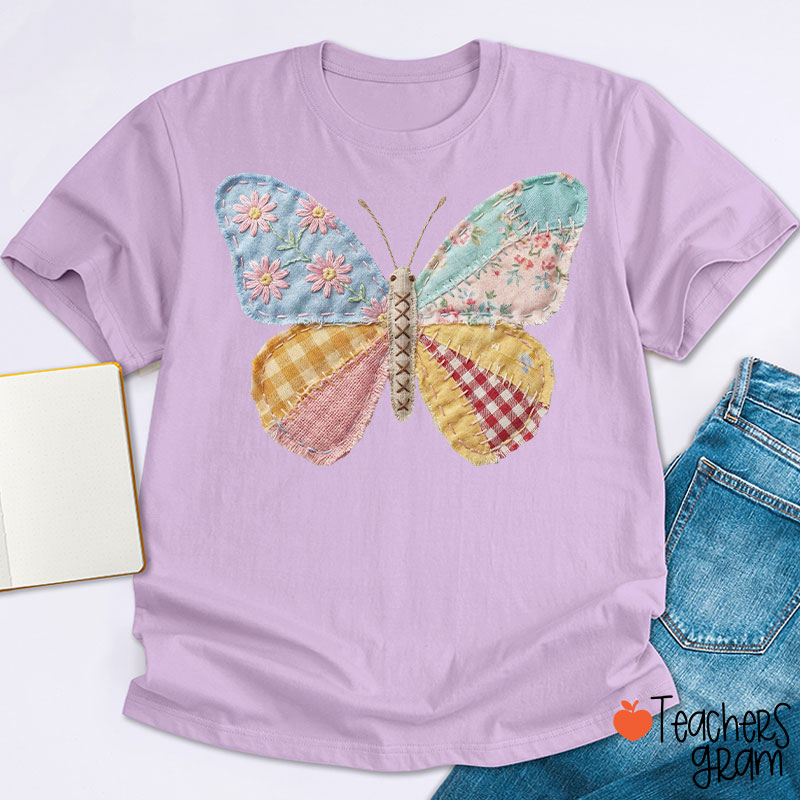 Faux Patchwork Butterfly Teacher T-Shirt