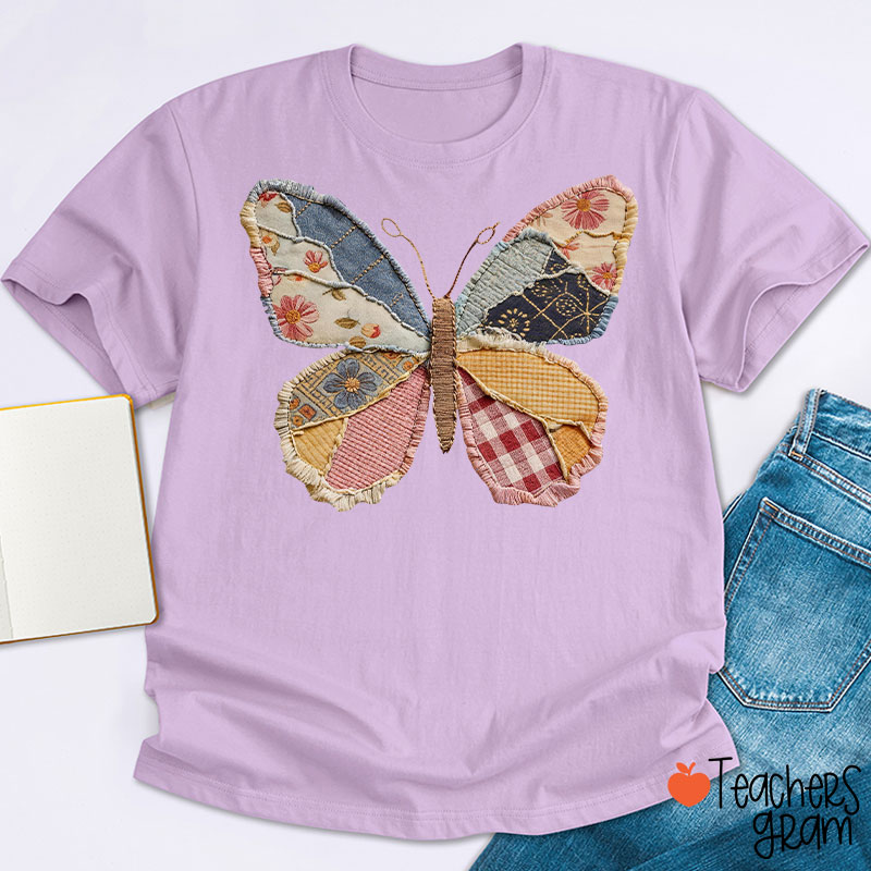  Faux Patchwork Butterfly Teacher T-Shirt