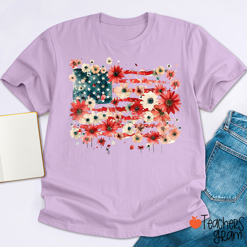 American Flag Floral Teacher T-Shirt