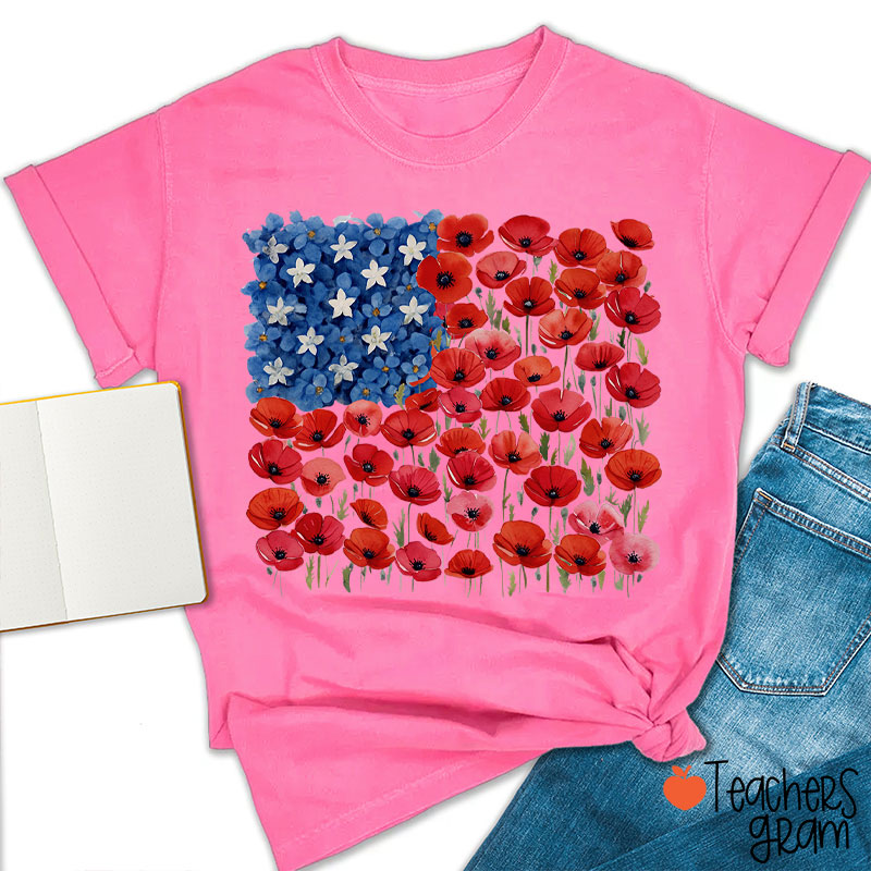 Floral USA Flag 250th Anniversary Teacher T-Shirt