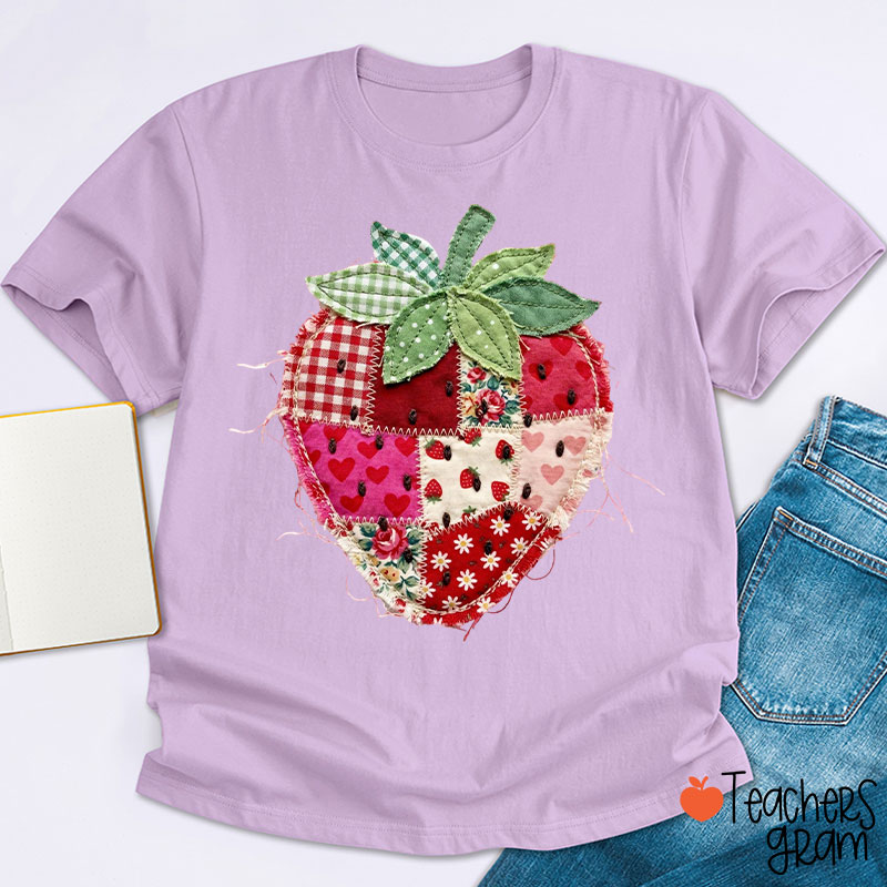 Faux Patchwork Strawberry Teacher T-Shirt