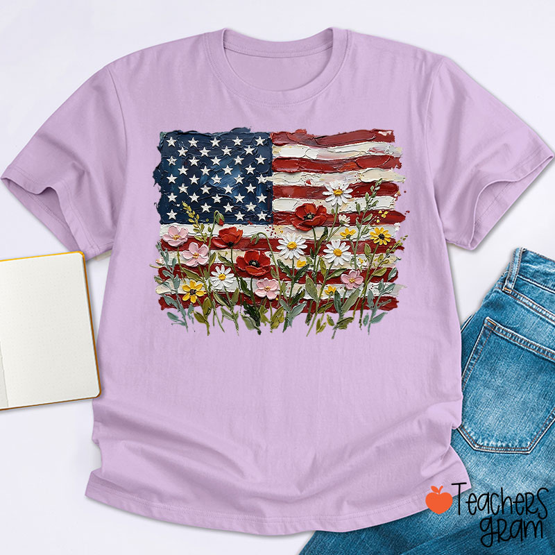 American Flag Floral Teacher T-Shirt