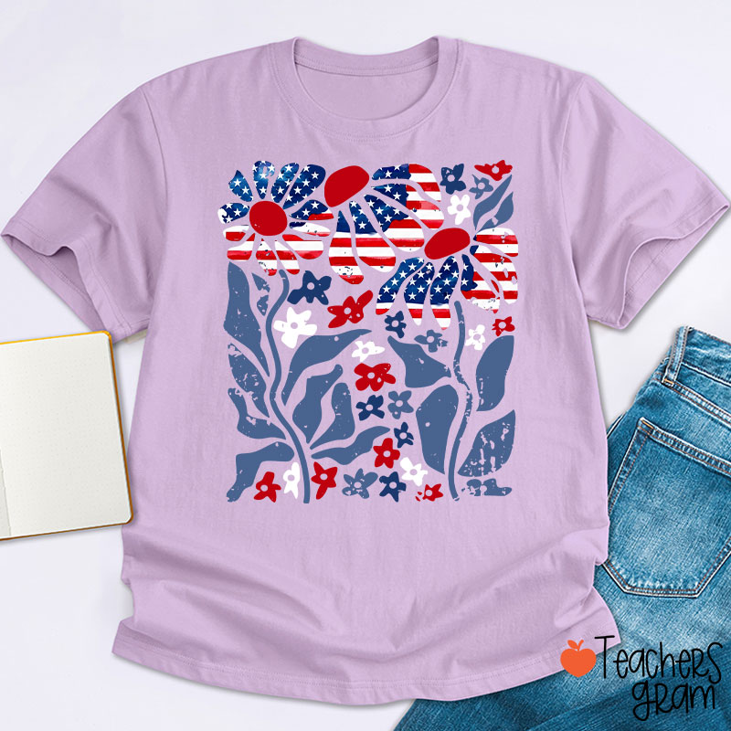 Boho Patriotic Daisy American Flag Floral Teacher T-Shirt