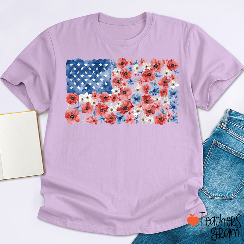 Vintage Floral USA Flag Teacher T-Shirt
