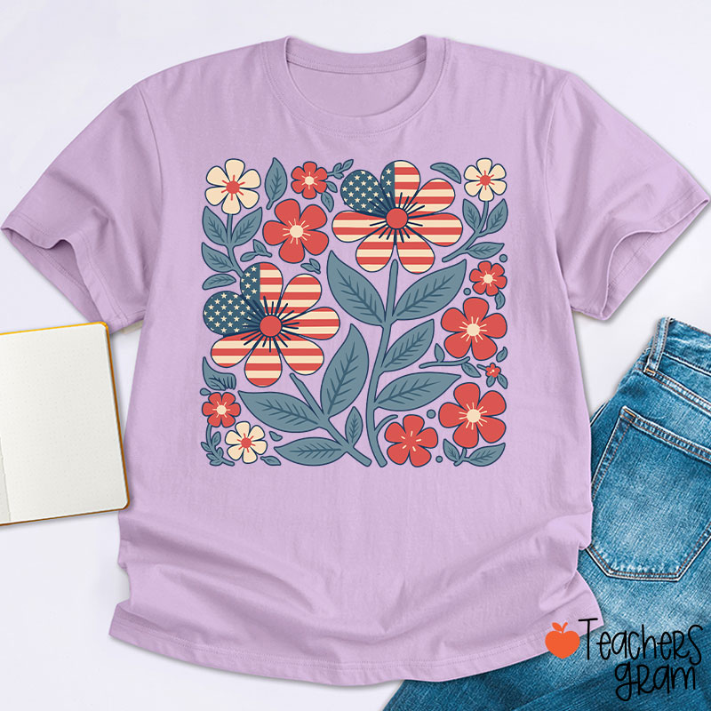 Boho Patriotic Daisy Teacher T-Shirt