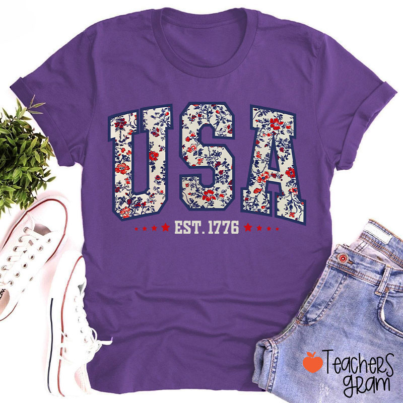 Retro Floral USA Teacher T-Shirt