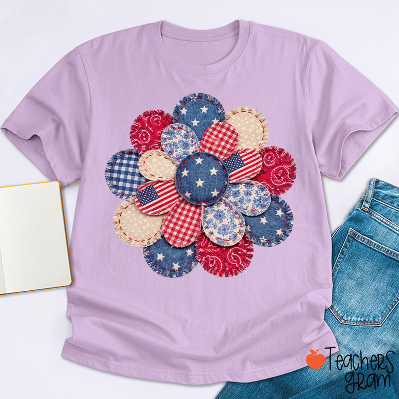 Faux Patchwork American Flag Flower Teacher T-Shirt