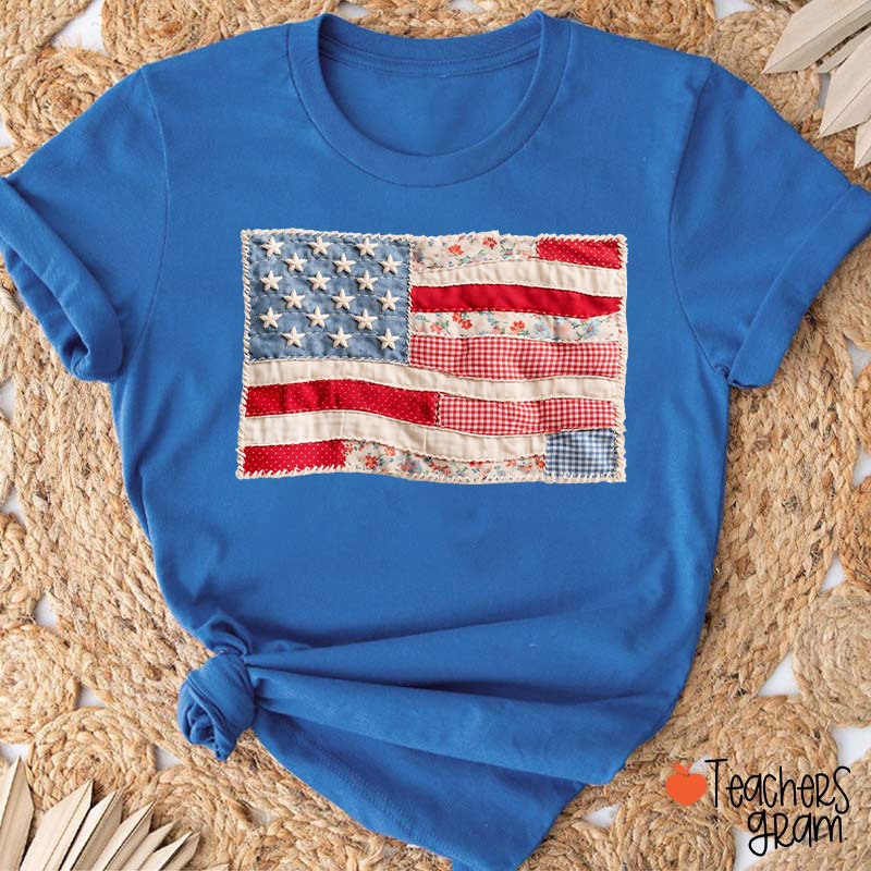 Faux Patchwork American Flag Teacher T-Shirt