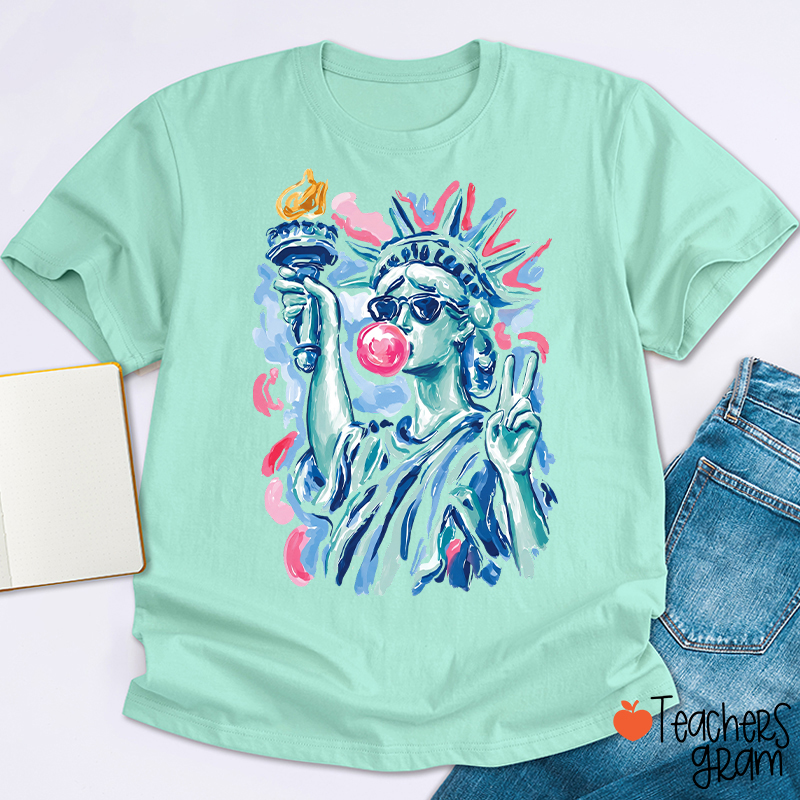Preppy Statue Of Liberty Blowing Bubble Teacher T-Shirt