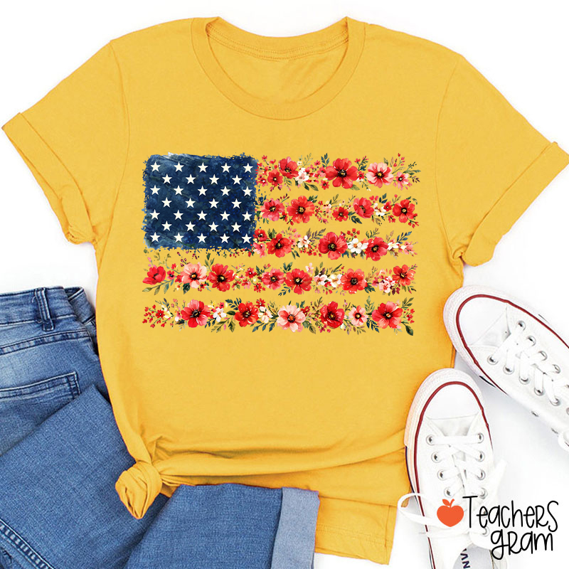 American Flag Wild Flower Teacher T-Shirt