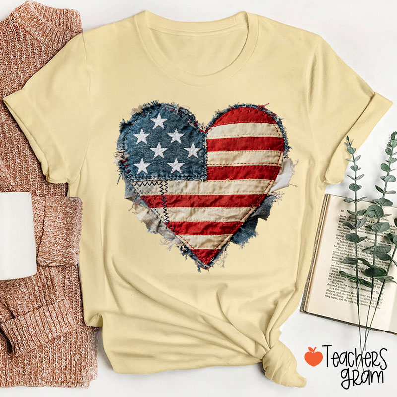 Faux Patchwork American Flag Heart Teacher T-Shirt