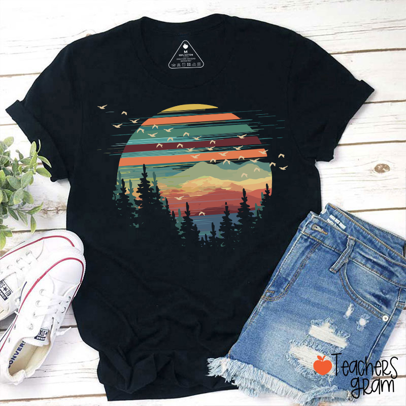 Retro Mountain Sunset Forest And Birds Teacher T-Shirt