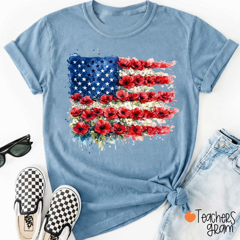 4th Of July Floral American Flag Teacher T-Shirt