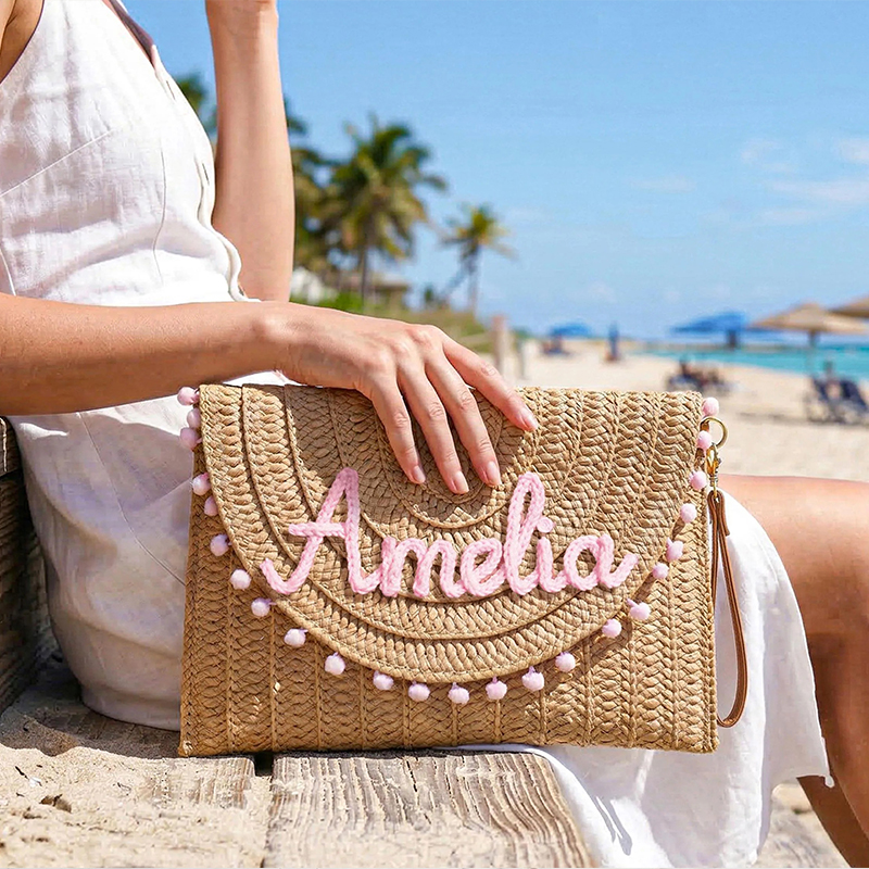 Personalized Embroidered Name Summer Vacation Straw Shoulder Bag
