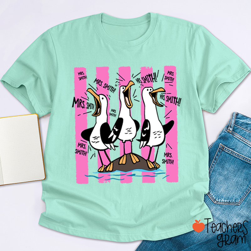 Personalized Pink Stripes Seagull Meme Teacher T-Shirt