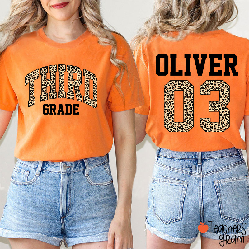 Personalized Grade Name Leopard Print Number Teacher Two Sided T-Shirt