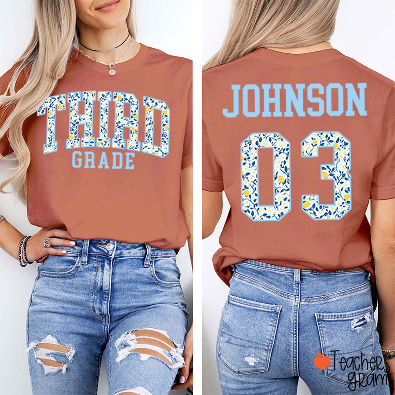 Personalized Grade And Name Floral Letter Teacher Two Sided T-Shirt