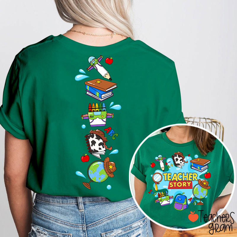 Teacher Story Cute School Stuff Icons Teacher Two Sided T-Shirt
