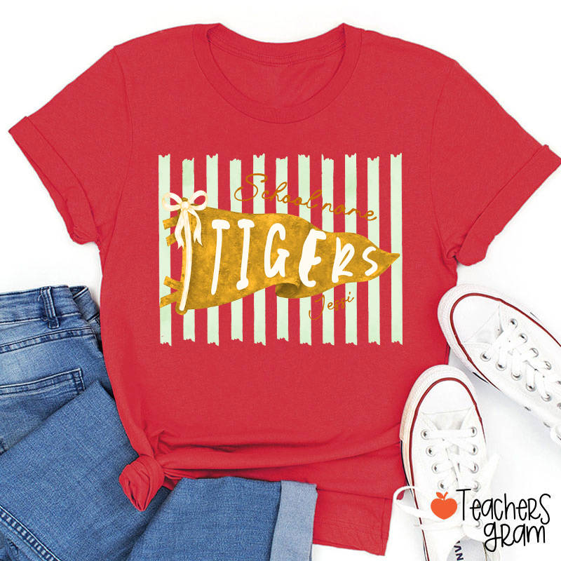 Personalized Mascot School Spirit Stripes Pennant Teacher T-Shirt