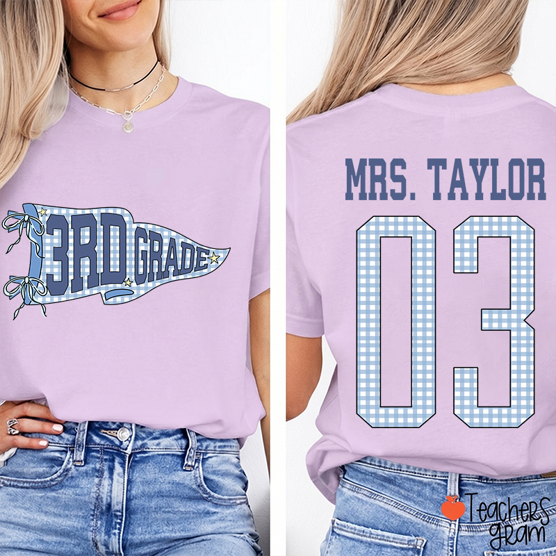 Personalized Grade Pennant Blue Gingham Teacher Two Sided T-Shirt