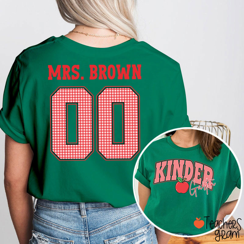 Personalized Grade And Name Checkered Letter Apple Teacher Two Sided T-Shirt