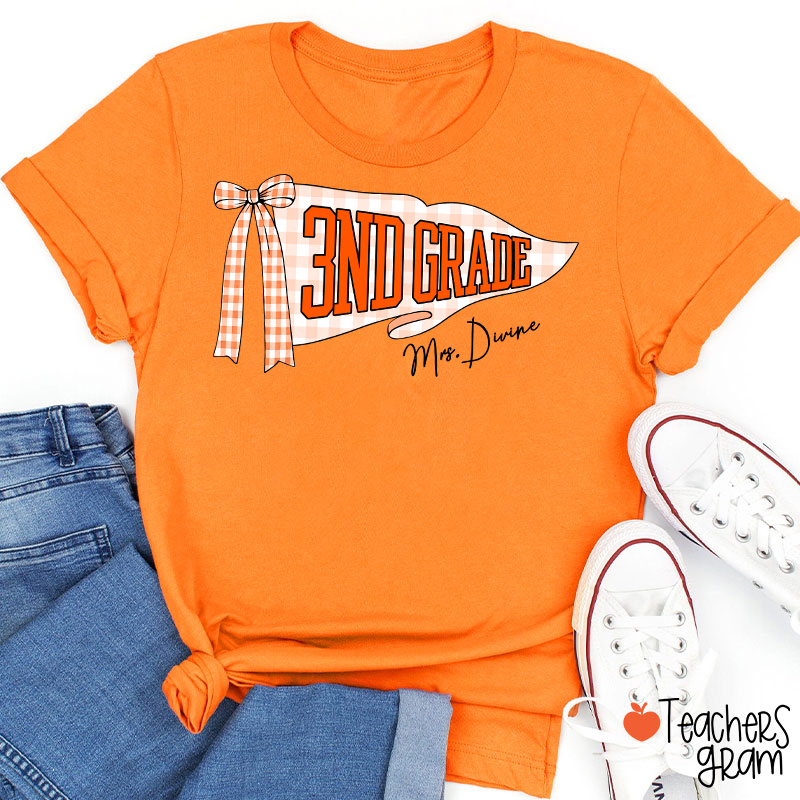 Personalized Grade And Name Gingham Bow Pennant Teacher T-Shirt
